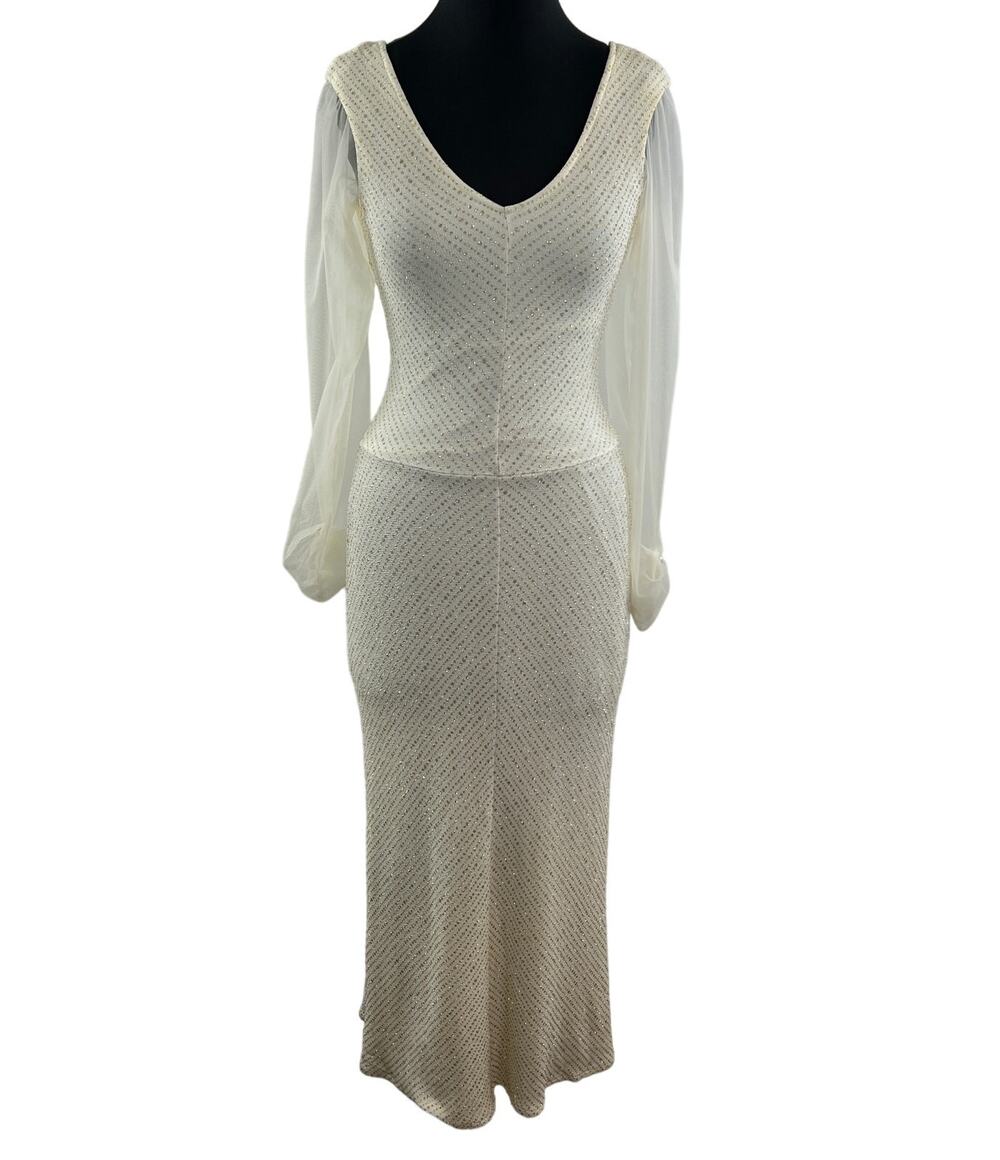 VTG Talk of the Walk Cream Long Sleeve Dress V-Neckline Sparkle Stretch Size S